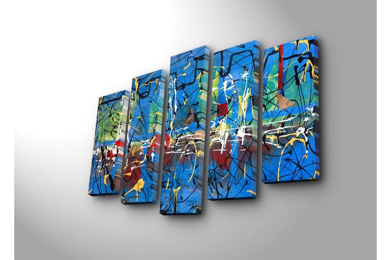 Stort lerretsbilde i 5 deler 105x70 cm - Abstrakt komposisjon med fargerike linjer og former - Blå / Gul / Rød - Interiør - Maleri & posters - Lerretsbilder