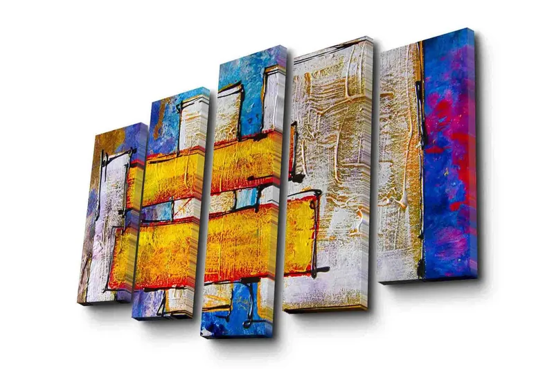 Stort lerretsbilde i 5 deler 105x70 cm - Abstrakt komposisjon med fargerike rektangler - Gul / Blå / Rød - Interiør - Maleri & posters - Lerretsbilder