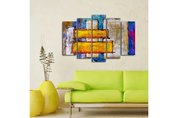 Stort lerretsbilde i 5 deler 105x70 cm - Abstrakt komposisjon med fargerike rektangler - Gul / Blå / Rød - Interiør - Maleri & posters - Lerretsbilder