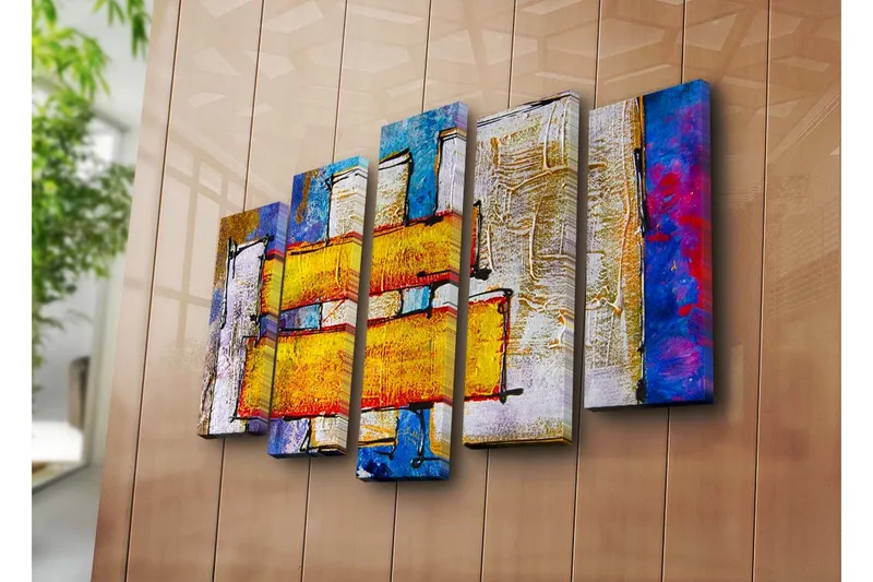 Stort lerretsbilde i 5 deler 105x70 cm - Abstrakt komposisjon med fargerike rektangler - Gul / Blå / Rød - Interiør - Maleri & posters - Lerretsbilder