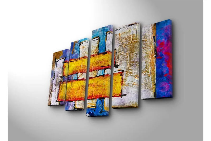Stort lerretsbilde i 5 deler 105x70 cm - Abstrakt komposisjon med fargerike rektangler - Gul / Blå / Rød - Interiør - Maleri & posters - Lerretsbilder