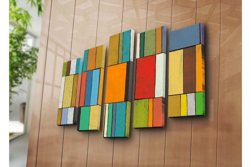 Stort lerretsbilde i 5 deler 105x70 cm - Abstrakt komposisjon med fargerike rektangler - Oransje / Grønn / Blå - Interiør - Maleri & posters - Lerretsbilder