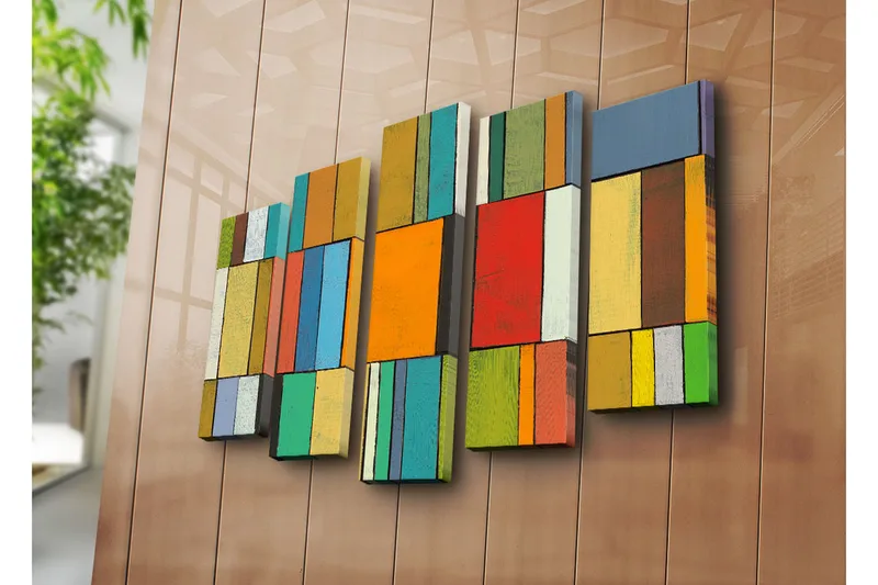 Stort lerretsbilde i 5 deler 105x70 cm - Abstrakt komposisjon med fargerike rektangler - Oransje / Grønn / Blå - Interiør - Maleri & posters - Lerretsbilder