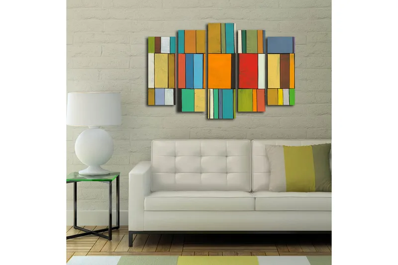 Stort lerretsbilde i 5 deler 105x70 cm - Abstrakt komposisjon med fargerike rektangler - Oransje / Grønn / Blå - Interiør - Maleri & posters - Lerretsbilder