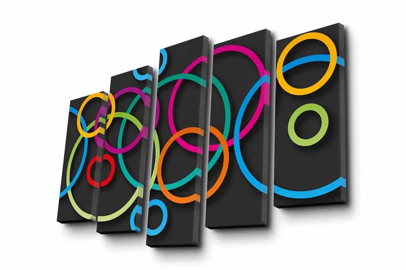 Stort lerretsbilde i 5 deler 105x70 cm - Abstrakt komposisjon med fargerike sirkler - Rosa / Oransje / Grønn - Interiør - Maleri & posters - Lerretsbilder