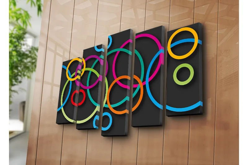 Stort lerretsbilde i 5 deler 105x70 cm - Abstrakt komposisjon med fargerike sirkler - Rosa / Oransje / Grønn - Interiør - Maleri & posters - Lerretsbilder