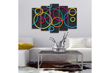 Stort lerretsbilde i 5 deler 105x70 cm - Abstrakt komposisjon med fargerike sirkler - Rosa / Oransje / Grønn - Interiør - Maleri & posters - Lerretsbilder