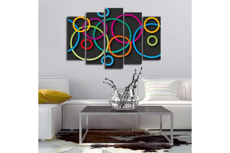 Stort lerretsbilde i 5 deler 105x70 cm - Abstrakt komposisjon med fargerike sirkler - Rosa / Oransje / Grønn - Interiør - Maleri & posters - Lerretsbilder