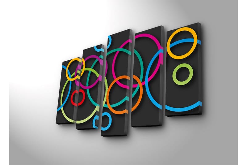 Stort lerretsbilde i 5 deler 105x70 cm - Abstrakt komposisjon med fargerike sirkler - Rosa / Oransje / Grønn - Interiør - Maleri & posters - Lerretsbilder