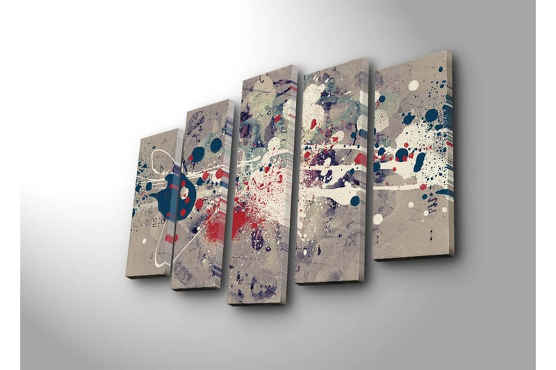 Stort lerretsbilde i 5 deler 105x70 cm - Abstrakt komposisjon med fargerike sprut og geometriske former - Mørk blå / Rød / Hvit - Interiør - Maleri & posters - Lerretsbilder