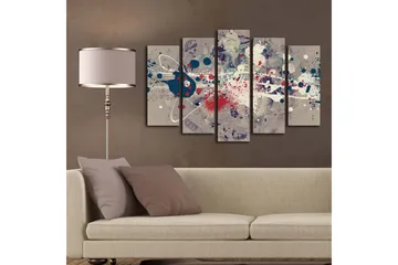 Stort lerretsbilde i 5 deler 105x70 cm - Abstrakt komposisjon med fargerike sprut og geometriske former - Mørk blå / Rød / Hvit - Interiør - Maleri & posters - Lerretsbilder