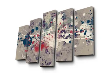 Stort lerretsbilde i 5 deler 105x70 cm - Abstrakt komposisjon med fargerike sprut og geometriske former - Mørk blå / Rød / Hvit - Interiør - Maleri & posters - Lerretsbilder