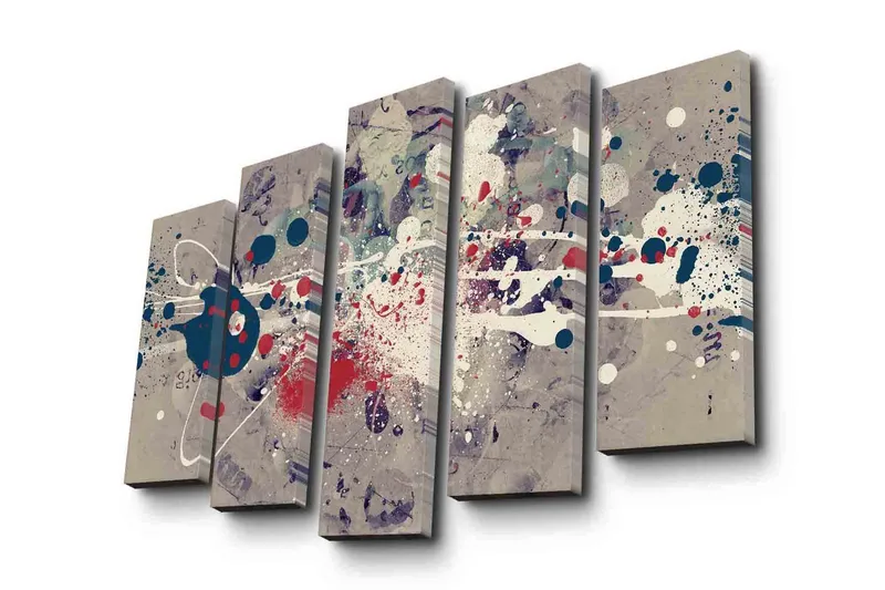 Stort lerretsbilde i 5 deler 105x70 cm - Abstrakt komposisjon med fargerike sprut og geometriske former - Mørk blå / Rød / Hvit - Interiør - Maleri & posters - Lerretsbilder