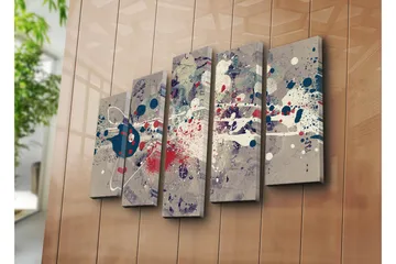 Stort lerretsbilde i 5 deler 105x70 cm - Abstrakt komposisjon med fargerike sprut og geometriske former - Mørk blå / Rød / Hvit - Interiør - Maleri & posters - Lerretsbilder