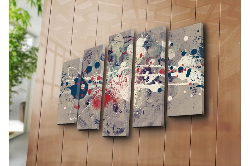 Stort lerretsbilde i 5 deler 105x70 cm - Abstrakt komposisjon med fargerike sprut og geometriske former - Mørk blå / Rød / Hvit - Interiør - Maleri & posters - Lerretsbilder