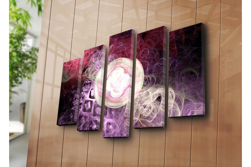Stort lerretsbilde i 5 deler 105x70 cm - Abstrakt komposisjon med flytende former og lyse sirkler - Lilla / Rosa / Hvit - Interiør - Maleri & posters - Lerretsbilder