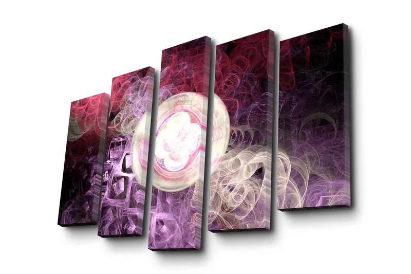 Stort lerretsbilde i 5 deler 105x70 cm - Abstrakt komposisjon med flytende former og lyse sirkler - Lilla / Rosa / Hvit - Interiør - Maleri & posters - Lerretsbilder