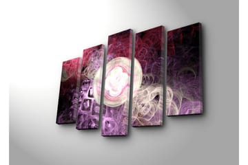 Stort lerretsbilde i 5 deler 105x70 cm - Abstrakt komposisjon med flytende former og lyse sirkler - Lilla / Rosa / Hvit - Interiør - Maleri & posters - Lerretsbilder