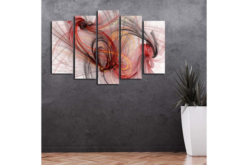 Stort lerretsbilde i 5 deler 105x70 cm - Abstrakt komposisjon med flytende linjer i rødt og svart - Rød / Svart / Gull - Interiør - Maleri & posters - Lerretsbilder