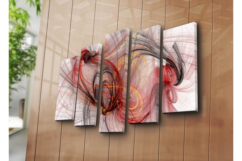Stort lerretsbilde i 5 deler 105x70 cm - Abstrakt komposisjon med flytende linjer i rødt og svart - Rød / Svart / Gull - Interiør - Maleri & posters - Lerretsbilder