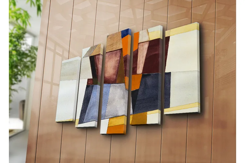 Stort lerretsbilde i 5 deler 105x70 cm - Abstrakt komposisjon med geometriske former i forskjellige nyanser - Mørk rød / Oransje / Beige - Interiør - Maleri & posters - Lerretsbilder