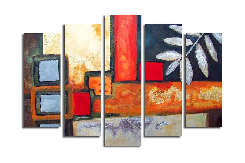Stort lerretsbilde i 5 deler 105x70 cm - Abstrakt komposisjon med geometriske former og bladmotiver - Rød / Grå / Oransje - Interiør - Maleri & posters - Lerretsbilder