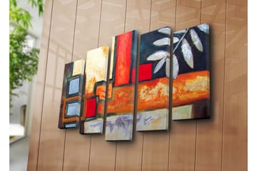 Stort lerretsbilde i 5 deler 105x70 cm - Abstrakt komposisjon med geometriske former og bladmotiver - Rød / Grå / Oransje - Interiør - Maleri & posters - Lerretsbilder
