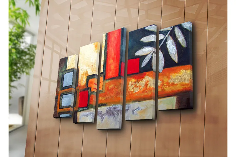 Stort lerretsbilde i 5 deler 105x70 cm - Abstrakt komposisjon med geometriske former og bladmotiver - Rød / Grå / Oransje - Interiør - Maleri & posters - Lerretsbilder