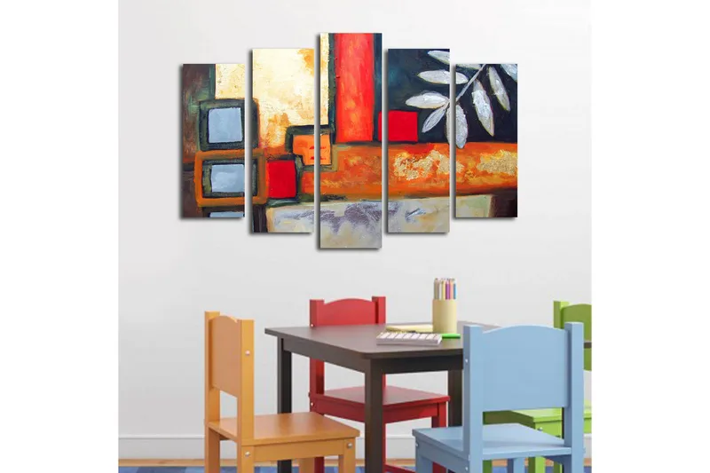 Stort lerretsbilde i 5 deler 105x70 cm - Abstrakt komposisjon med geometriske former og bladmotiver - Rød / Grå / Oransje - Interiør - Maleri & posters - Lerretsbilder