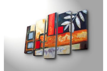 Stort lerretsbilde i 5 deler 105x70 cm - Abstrakt komposisjon med geometriske former og bladmotiver - Rød / Grå / Oransje - Interiør - Maleri & posters - Lerretsbilder