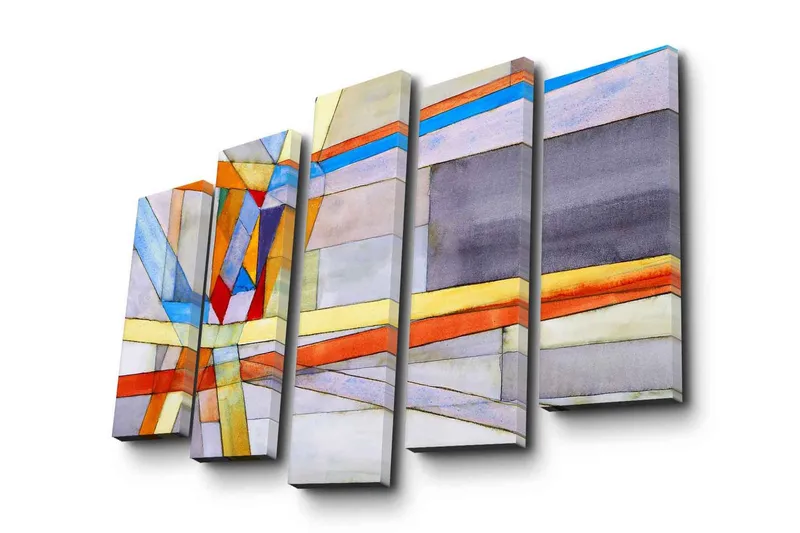 Stort lerretsbilde i 5 deler 105x70 cm - Abstrakt komposisjon med geometriske former og fargerike linjer - Blå / Oransje / Grå - Interiør - Maleri & posters - Lerretsbilder