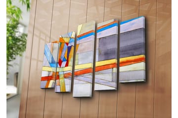 Stort lerretsbilde i 5 deler 105x70 cm - Abstrakt komposisjon med geometriske former og fargerike linjer - Blå / Oransje / Grå - Interiør - Maleri & posters - Lerretsbilder