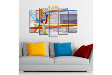 Stort lerretsbilde i 5 deler 105x70 cm - Abstrakt komposisjon med geometriske former og fargerike linjer - Blå / Oransje / Grå - Interiør - Maleri & posters - Lerretsbilder