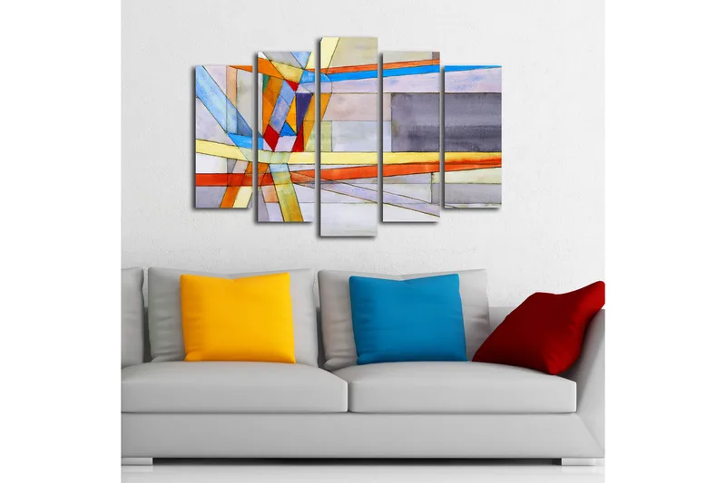 Stort lerretsbilde i 5 deler 105x70 cm - Abstrakt komposisjon med geometriske former og fargerike linjer - Blå / Oransje / Grå - Interiør - Maleri & posters - Lerretsbilder