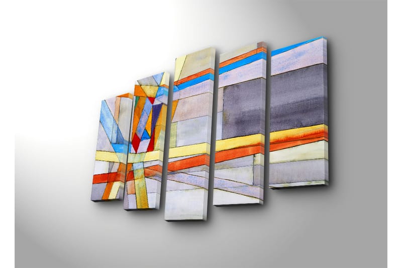 Stort lerretsbilde i 5 deler 105x70 cm - Abstrakt komposisjon med geometriske former og fargerike linjer - Blå / Oransje / Grå - Interiør - Maleri & posters - Lerretsbilder