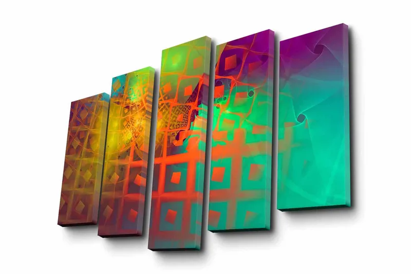 Stort lerretsbilde i 5 deler 105x70 cm - Abstrakt komposisjon med geometriske former og fargerike mønstre - Grønn / Oransje / Lilla - Interiør - Maleri & posters - Lerretsbilder