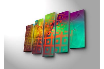 Stort lerretsbilde i 5 deler 105x70 cm - Abstrakt komposisjon med geometriske former og fargerike mønstre - Grønn / Oransje / Lilla - Interiør - Maleri & posters - Lerretsbilder