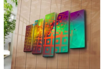 Stort lerretsbilde i 5 deler 105x70 cm - Abstrakt komposisjon med geometriske former og fargerike mønstre - Grønn / Oransje / Lilla - Interiør - Maleri & posters - Lerretsbilder
