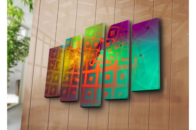 Stort lerretsbilde i 5 deler 105x70 cm - Abstrakt komposisjon med geometriske former og fargerike mønstre - Grønn / Oransje / Lilla - Interiør - Maleri & posters - Lerretsbilder