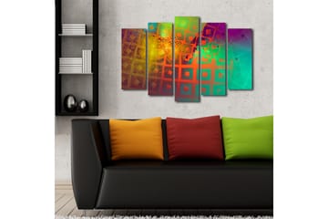 Stort lerretsbilde i 5 deler 105x70 cm - Abstrakt komposisjon med geometriske former og fargerike mønstre - Grønn / Oransje / Lilla - Interiør - Maleri & posters - Lerretsbilder
