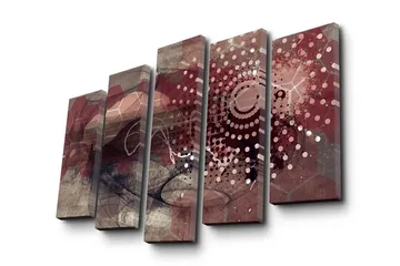 Stort lerretsbilde i 5 deler 105x70 cm - Abstrakt komposisjon med geometriske former og mønstre - Mørk rød / Beige / Grå - Interiør - Maleri & posters - Lerretsbilder