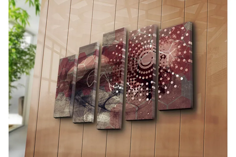 Stort lerretsbilde i 5 deler 105x70 cm - Abstrakt komposisjon med geometriske former og mønstre - Mørk rød / Beige / Grå - Interiør - Maleri & posters - Lerretsbilder
