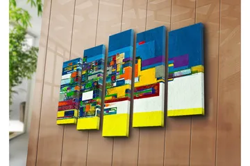 Stort lerretsbilde i 5 deler 105x70 cm - Abstrakt komposisjon med geometriske former og sterke farger - Blå / Gul / Grønn - Interiør - Maleri & posters - Lerretsbilder