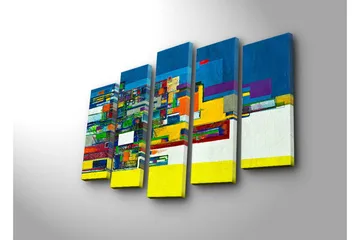 Stort lerretsbilde i 5 deler 105x70 cm - Abstrakt komposisjon med geometriske former og sterke farger - Blå / Gul / Grønn - Interiør - Maleri & posters - Lerretsbilder