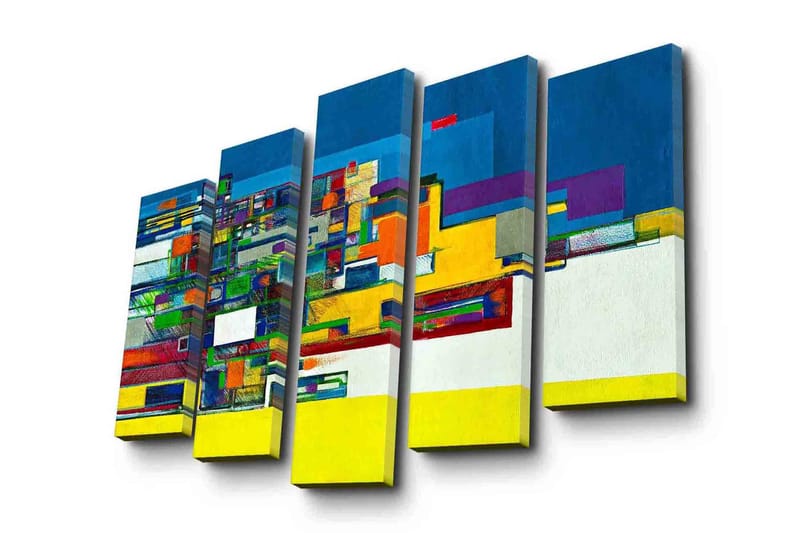 Stort lerretsbilde i 5 deler 105x70 cm - Abstrakt komposisjon med geometriske former og sterke farger - Blå / Gul / Grønn - Interiør - Maleri & posters - Lerretsbilder