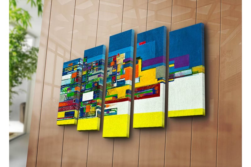 Stort lerretsbilde i 5 deler 105x70 cm - Abstrakt komposisjon med geometriske former og sterke farger - Blå / Gul / Grønn - Interiør - Maleri & posters - Lerretsbilder