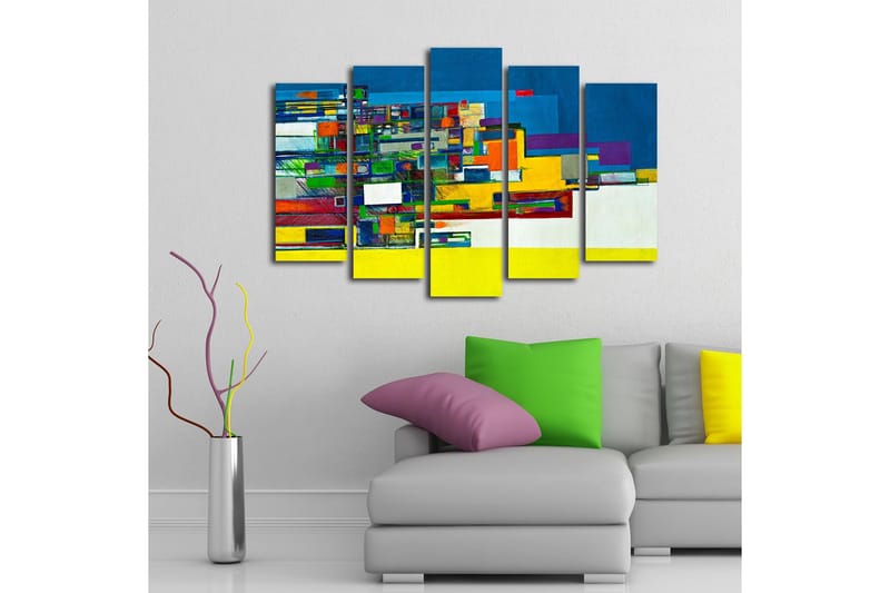 Stort lerretsbilde i 5 deler 105x70 cm - Abstrakt komposisjon med geometriske former og sterke farger - Blå / Gul / Grønn - Interiør - Maleri & posters - Lerretsbilder