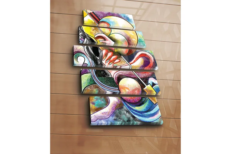 Stort lerretsbilde i 5 deler 105x70 cm - Abstrakt komposisjon med musikalske elementer - Gul / Svart / Rød - Interiør - Maleri & posters - Lerretsbilder