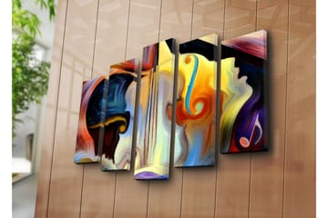 Stort lerretsbilde i 5 deler 105x70 cm - Abstrakt komposisjon med musikkinstrumenter og ansiktskonturer - Mørk blå / Oransje / Gul - Interiør - Maleri & posters - Lerretsbilder
