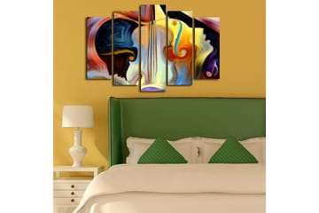 Stort lerretsbilde i 5 deler 105x70 cm - Abstrakt komposisjon med musikkinstrumenter og ansiktskonturer - Mørk blå / Oransje / Gul - Interiør - Maleri & posters - Lerretsbilder
